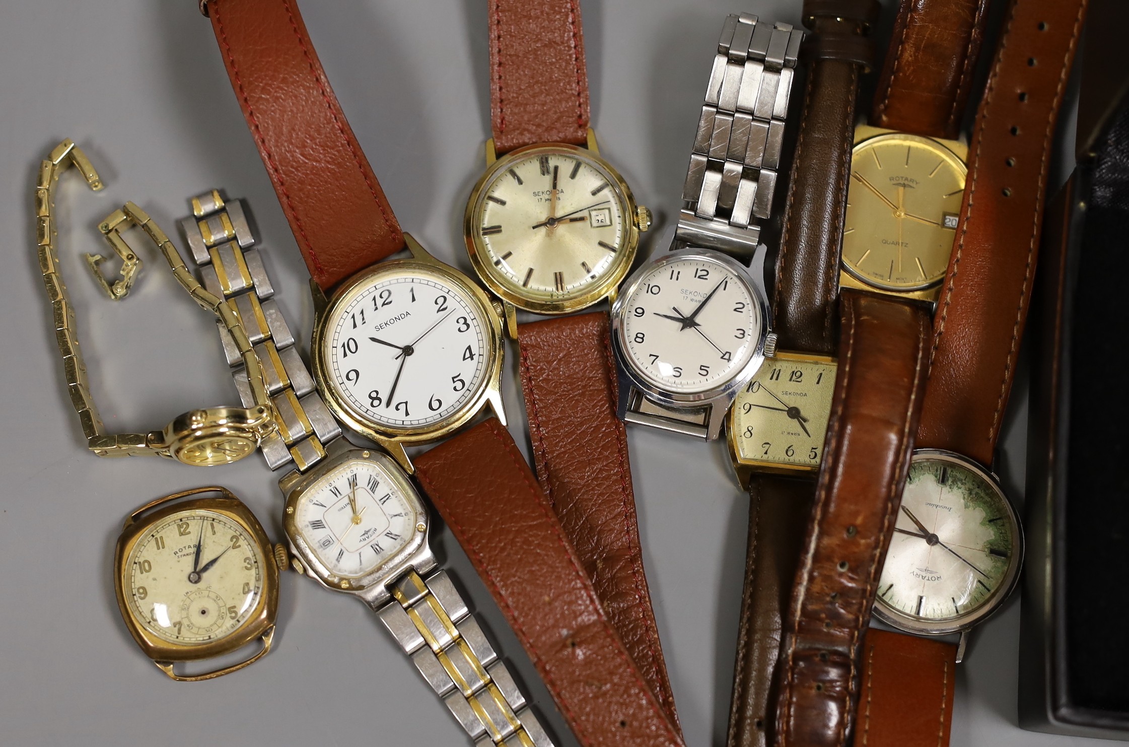 Twelve assorted mainly gentleman's stainless steel or steel and gold plated Sekonda and Rotary wrist watches, including Sekonda automatic day date and Rotary quartz.